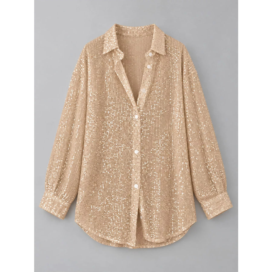 Full Size Sequin Button Up Long Sleeve Shirt Plus Apparel and Accessories