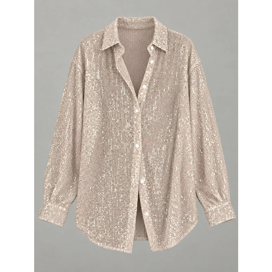 Full Size Sequin Button Up Long Sleeve Shirt Plus Apparel and Accessories