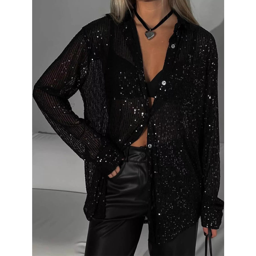 Full Size Sequin Button Up Long Sleeve Shirt Plus Apparel and Accessories