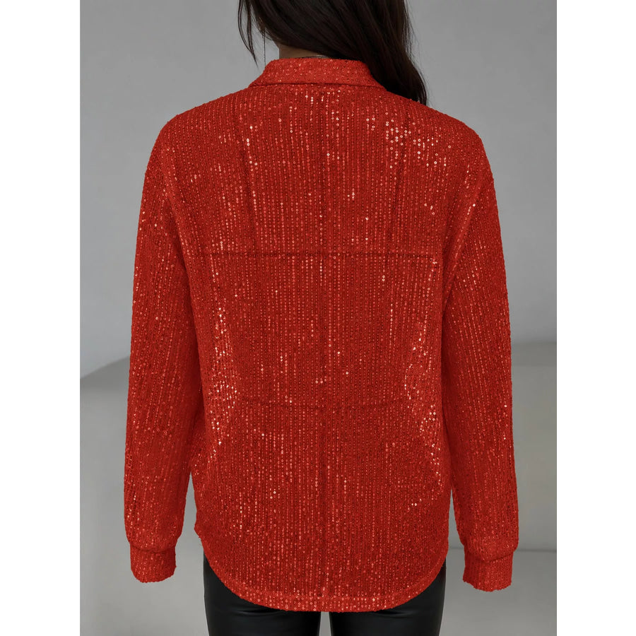 Full Size Sequin Button Up Long Sleeve Shirt Plus Apparel and Accessories