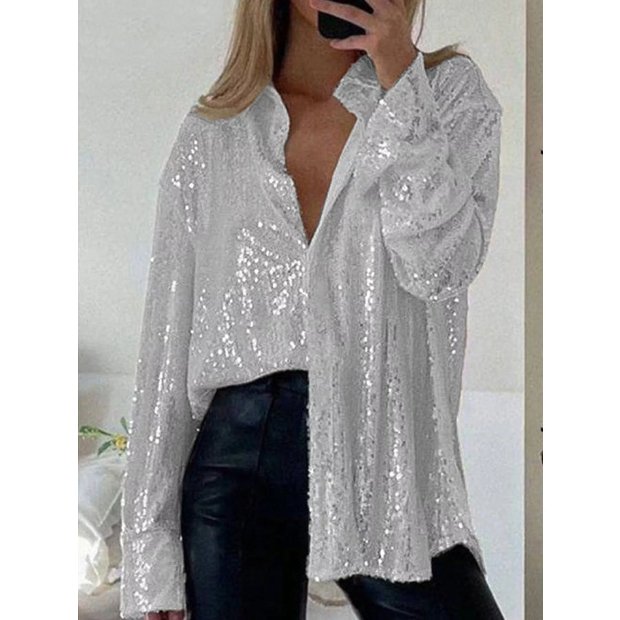 Full Size Sequin Button Up Long Sleeve Shirt Plus Apparel and Accessories