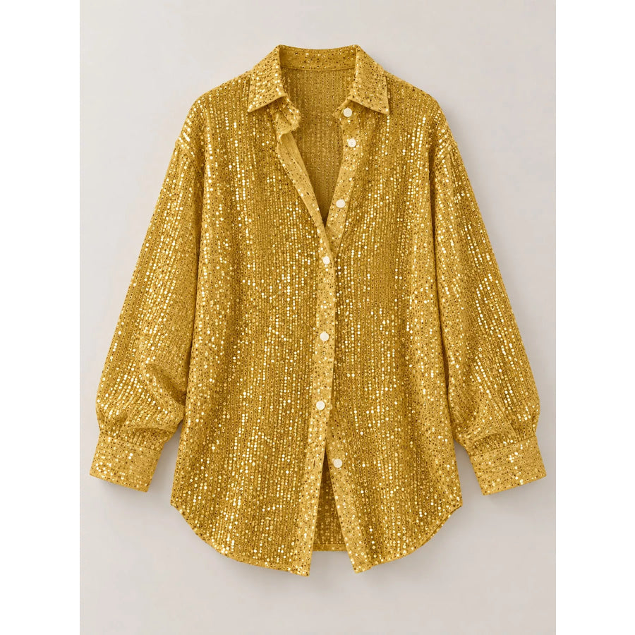 Full Size Sequin Button Up Long Sleeve Shirt Plus Apparel and Accessories
