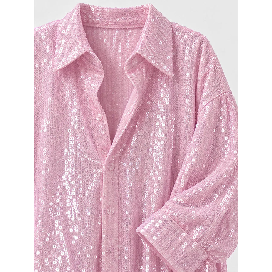 Full Size Sequin Button Up Long Sleeve Shirt Plus Apparel and Accessories