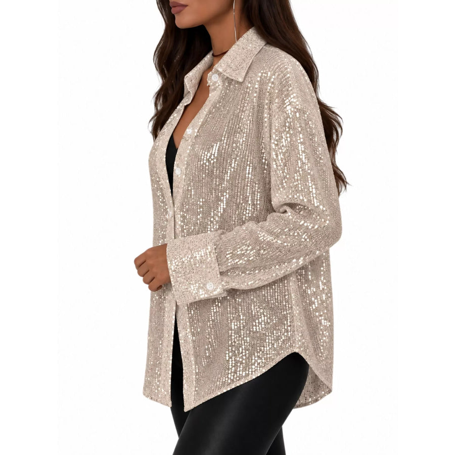 Full Size Sequin Button Up Long Sleeve Shirt Plus Apparel and Accessories