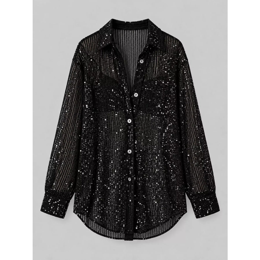 Full Size Sequin Button Up Long Sleeve Shirt Plus Apparel and Accessories
