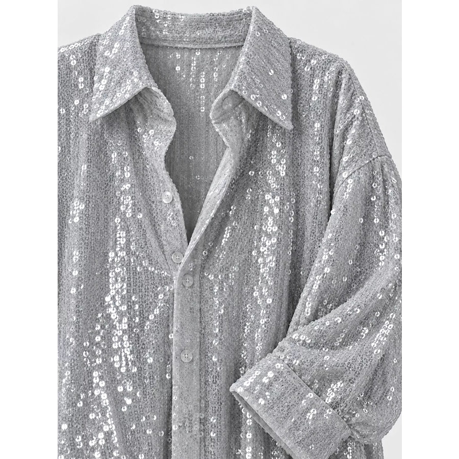 Full Size Sequin Button Up Long Sleeve Shirt Plus Apparel and Accessories