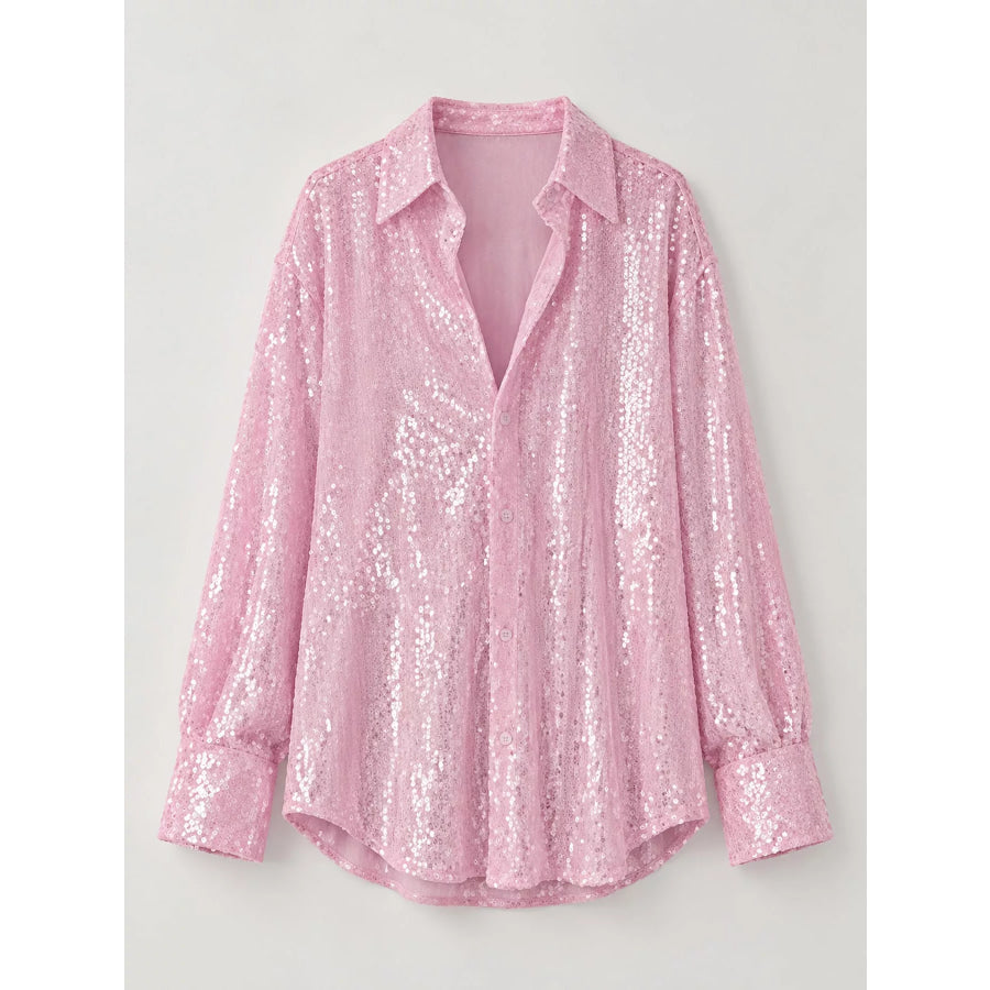 Full Size Sequin Button Up Long Sleeve Shirt Plus Apparel and Accessories