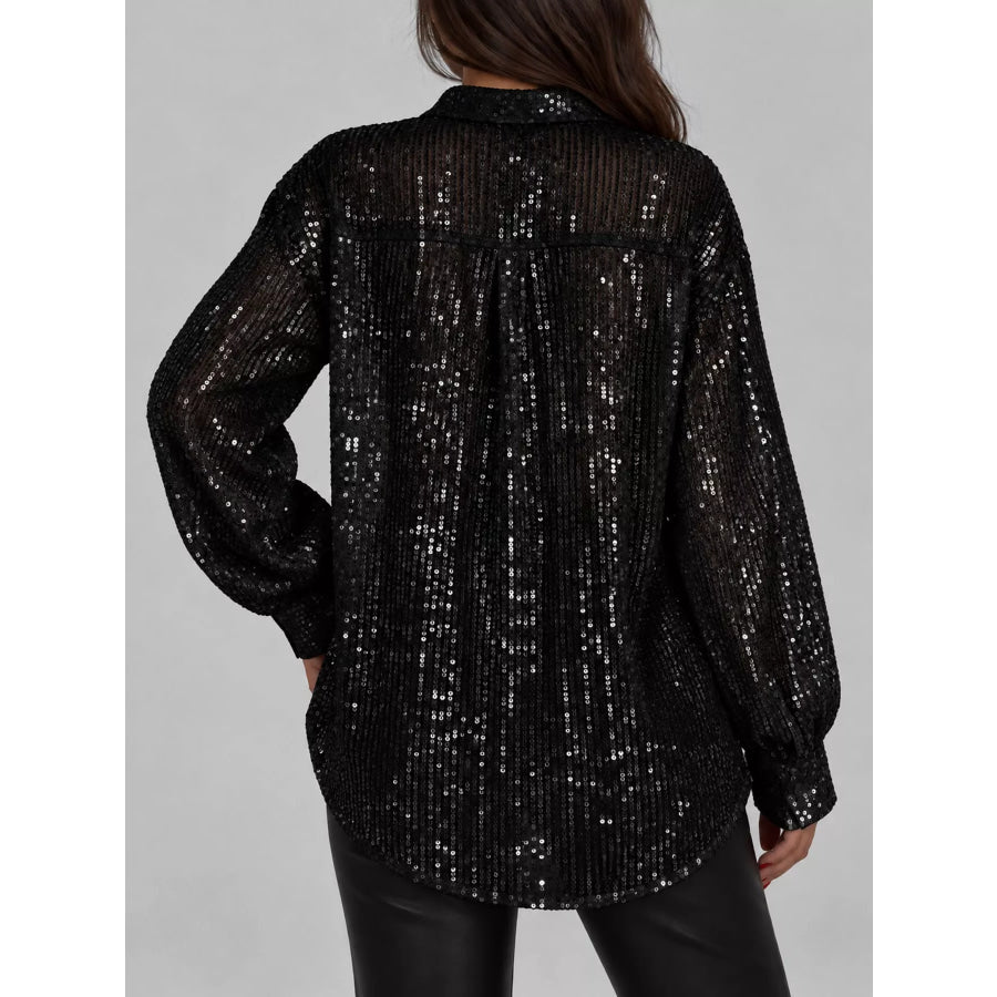 Full Size Sequin Button Up Long Sleeve Shirt Plus Apparel and Accessories