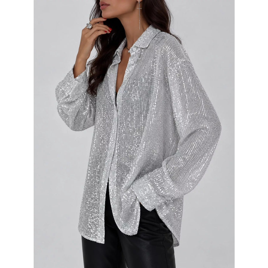 Full Size Sequin Button Up Long Sleeve Shirt Plus Apparel and Accessories