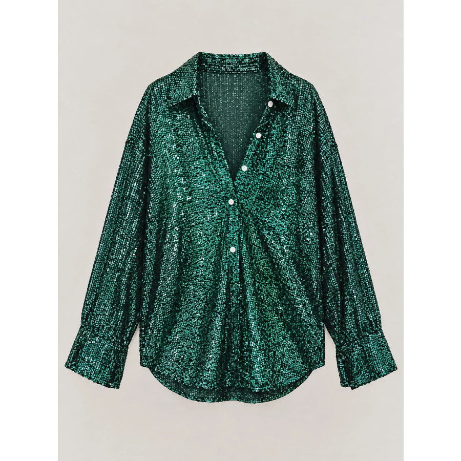 Full Size Sequin Button Up Long Sleeve Shirt Plus Apparel and Accessories