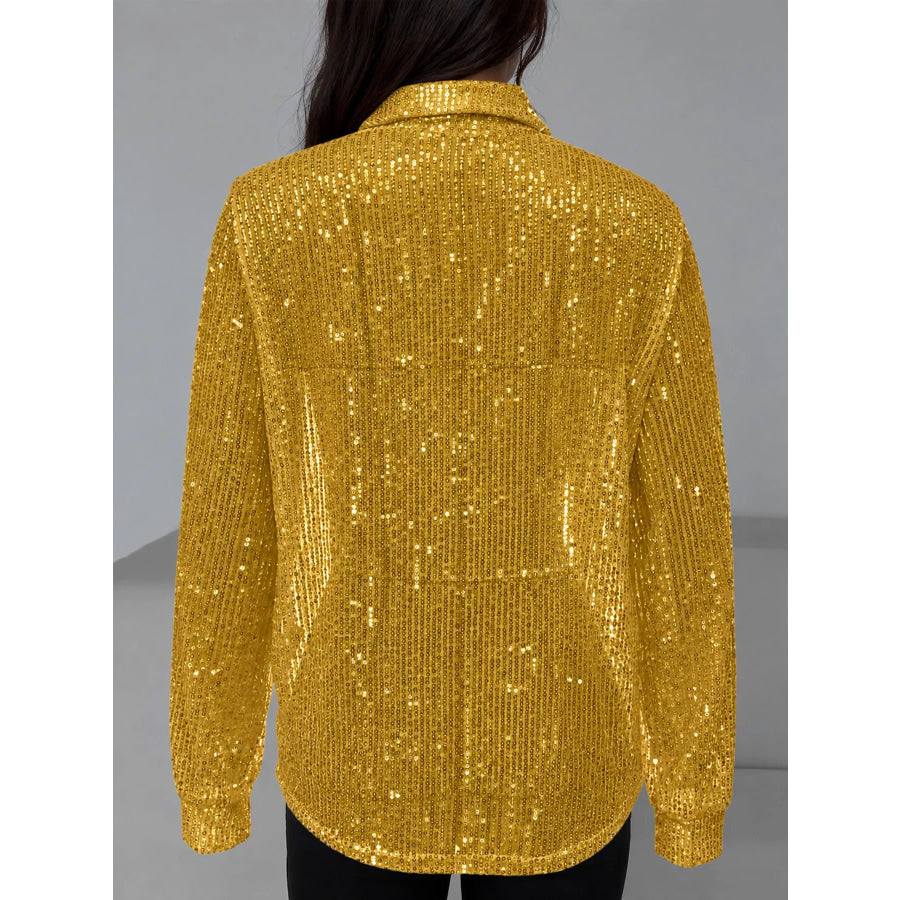 Full Size Sequin Button Up Long Sleeve Shirt Plus Apparel and Accessories