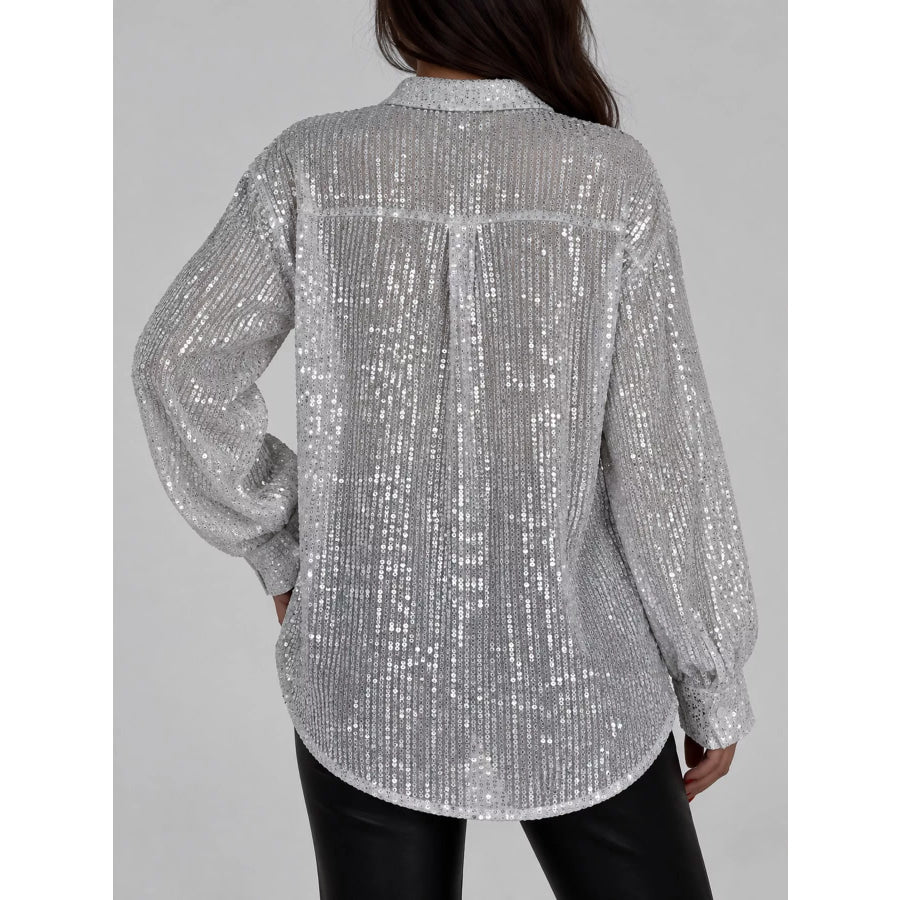 Full Size Sequin Button Up Long Sleeve Shirt Plus Apparel and Accessories