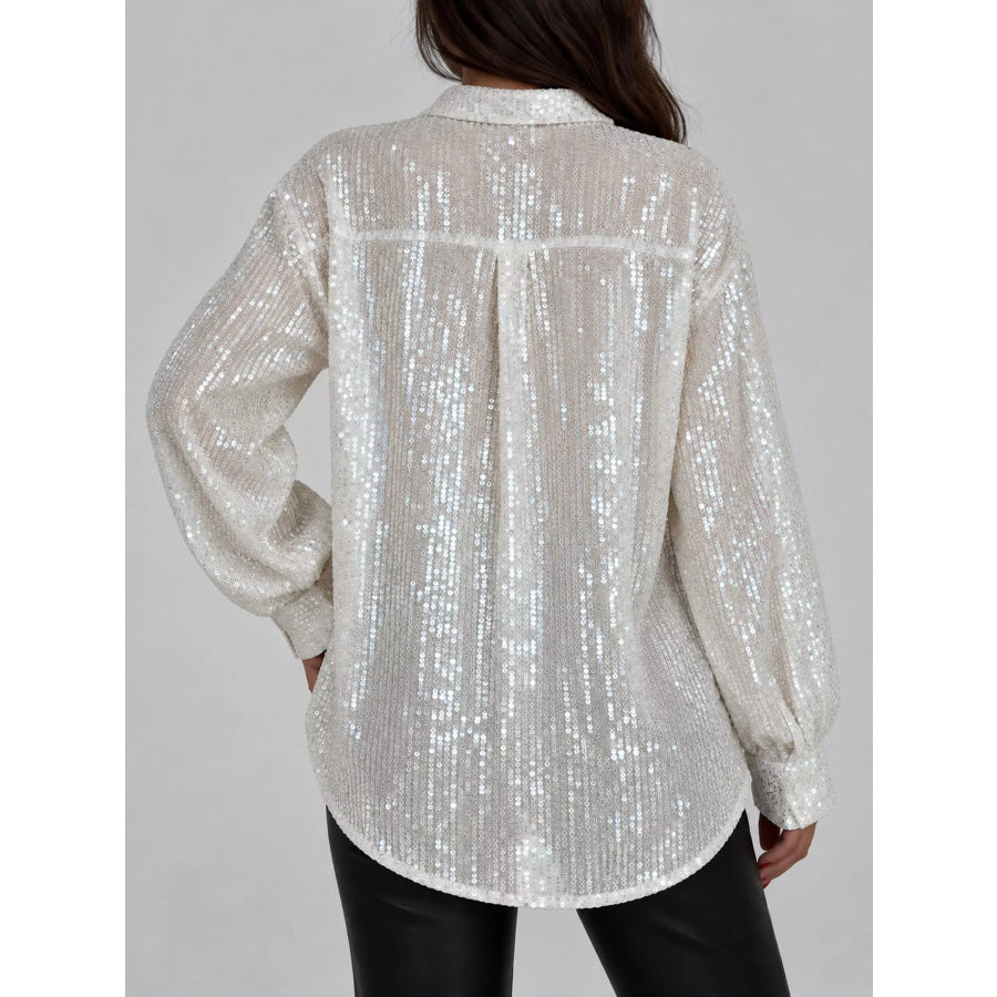 Full Size Sequin Button Up Long Sleeve Shirt Plus Apparel and Accessories
