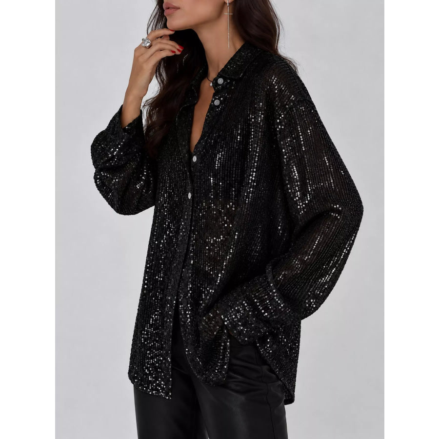 Full Size Sequin Button Up Long Sleeve Shirt Plus Apparel and Accessories
