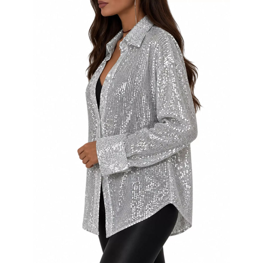 Full Size Sequin Button Up Long Sleeve Shirt Plus Apparel and Accessories