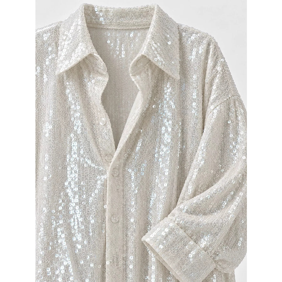 Full Size Sequin Button Up Long Sleeve Shirt Plus Apparel and Accessories