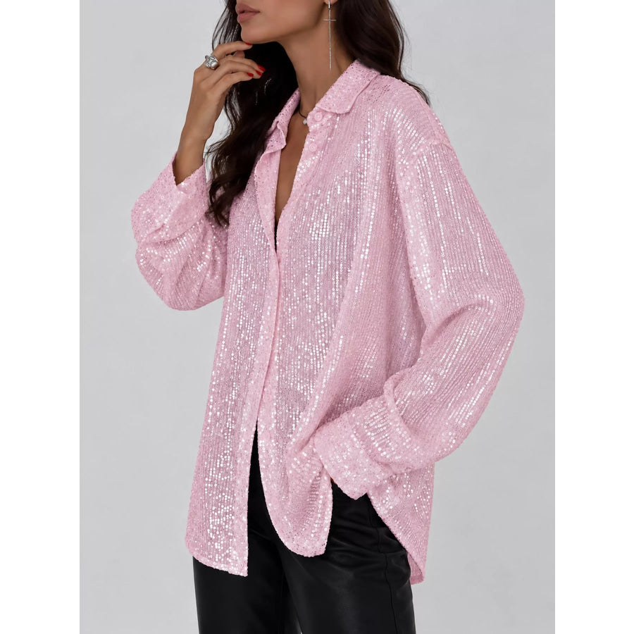 Full Size Sequin Button Up Long Sleeve Shirt Plus Apparel and Accessories