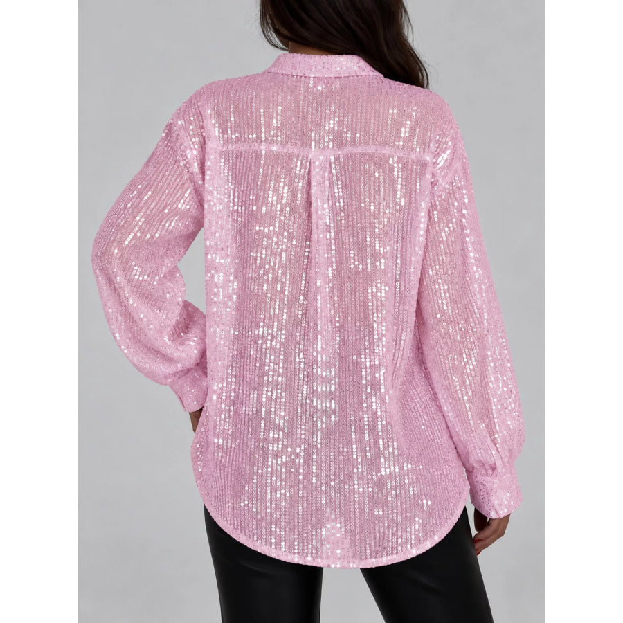 Full Size Sequin Button Up Long Sleeve Shirt Plus Apparel and Accessories