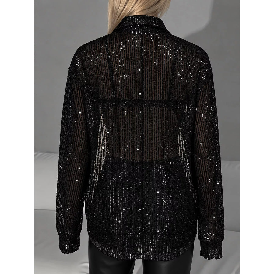 Full Size Sequin Button Up Long Sleeve Shirt Plus Apparel and Accessories