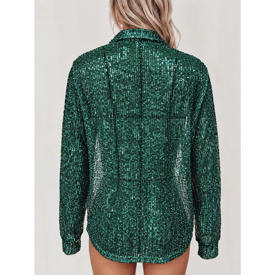 Full Size Sequin Button Up Long Sleeve Shirt Plus Apparel and Accessories