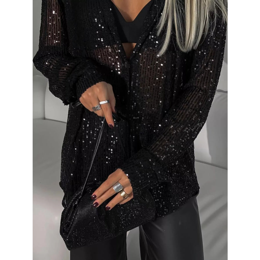 Full Size Sequin Button Up Long Sleeve Shirt Plus Apparel and Accessories