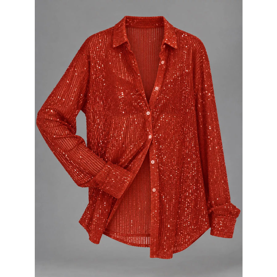 Full Size Sequin Button Up Long Sleeve Shirt Plus Apparel and Accessories