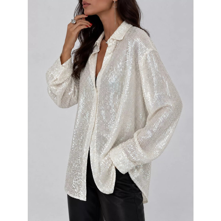 Full Size Sequin Button Up Long Sleeve Shirt Plus Apparel and Accessories