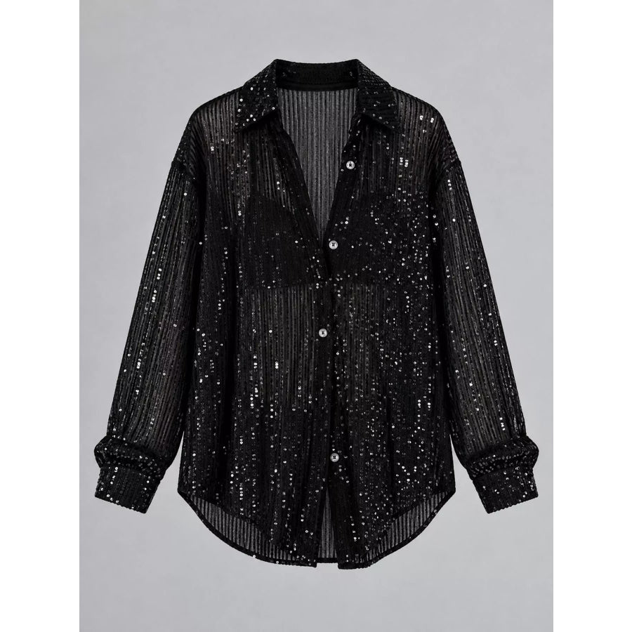 Full Size Sequin Button Up Long Sleeve Shirt Plus Apparel and Accessories