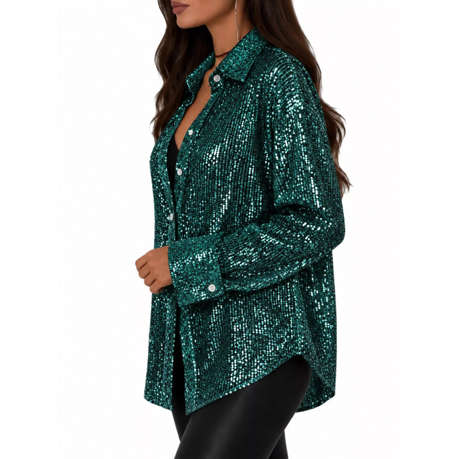 Full Size Sequin Button Up Long Sleeve Shirt Plus Apparel and Accessories