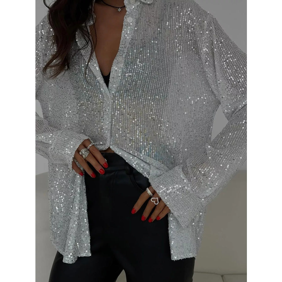 Full Size Sequin Button Up Long Sleeve Shirt Plus Apparel and Accessories