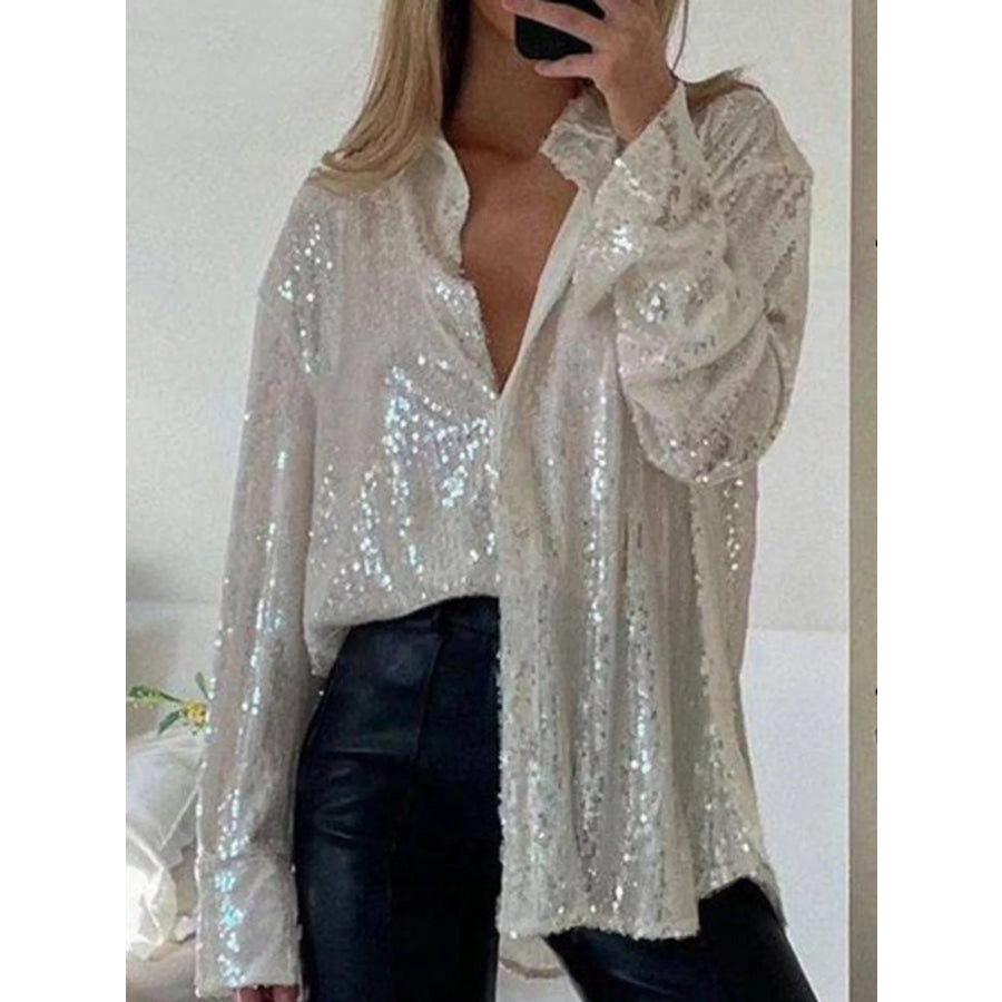 Full Size Sequin Button Up Long Sleeve Shirt Plus Apricot Gold / S Apparel and Accessories