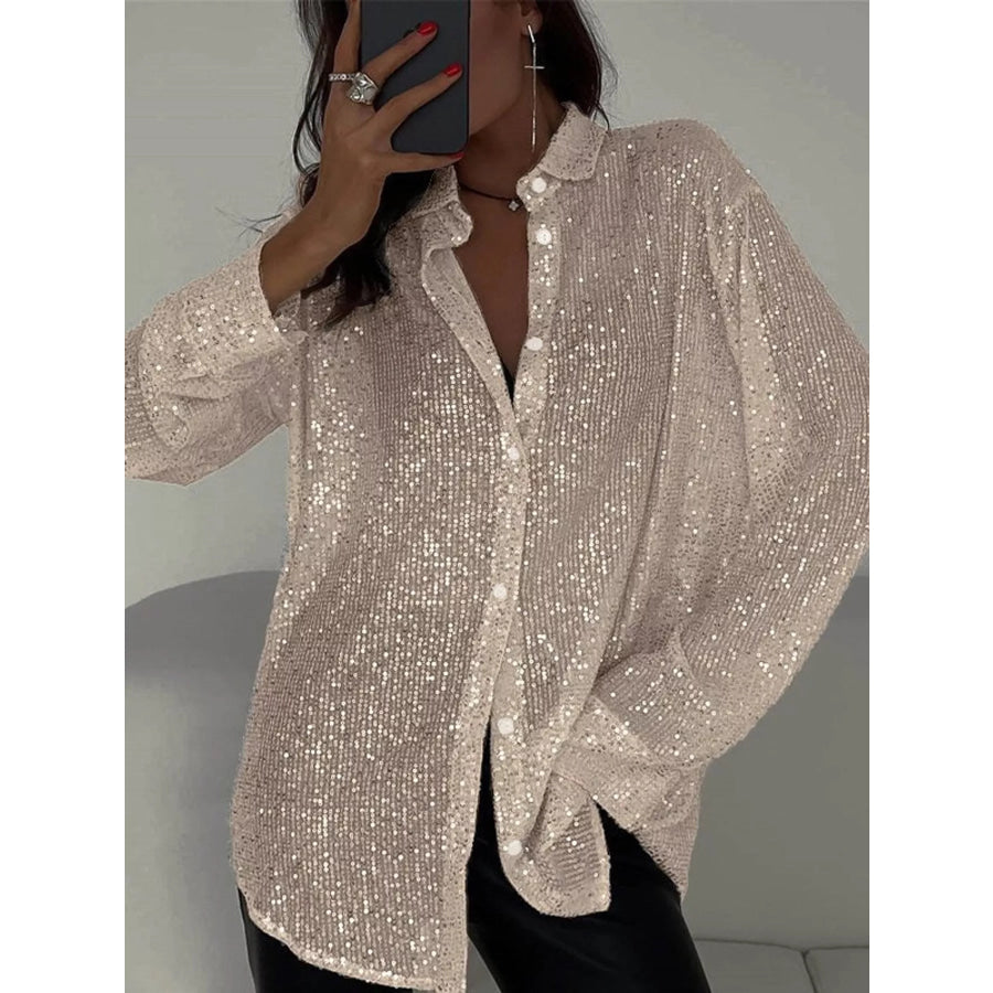 Full Size Sequin Button Up Long Sleeve Shirt Plus Apricot Silver / S Apparel and Accessories