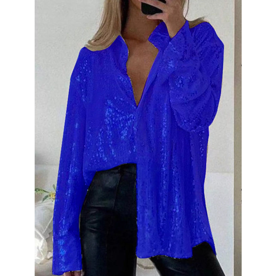 Full Size Sequin Button Up Long Sleeve Shirt Plus Blue / S Apparel and Accessories