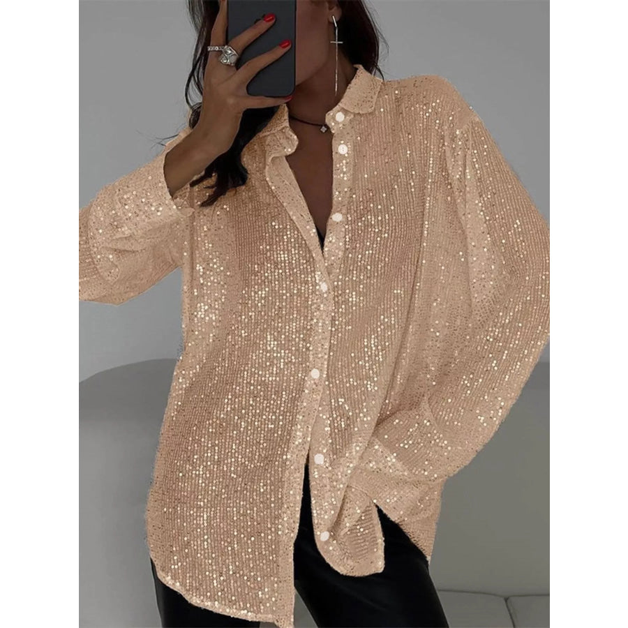 Full Size Sequin Button Up Long Sleeve Shirt Plus Champagne / S Apparel and Accessories