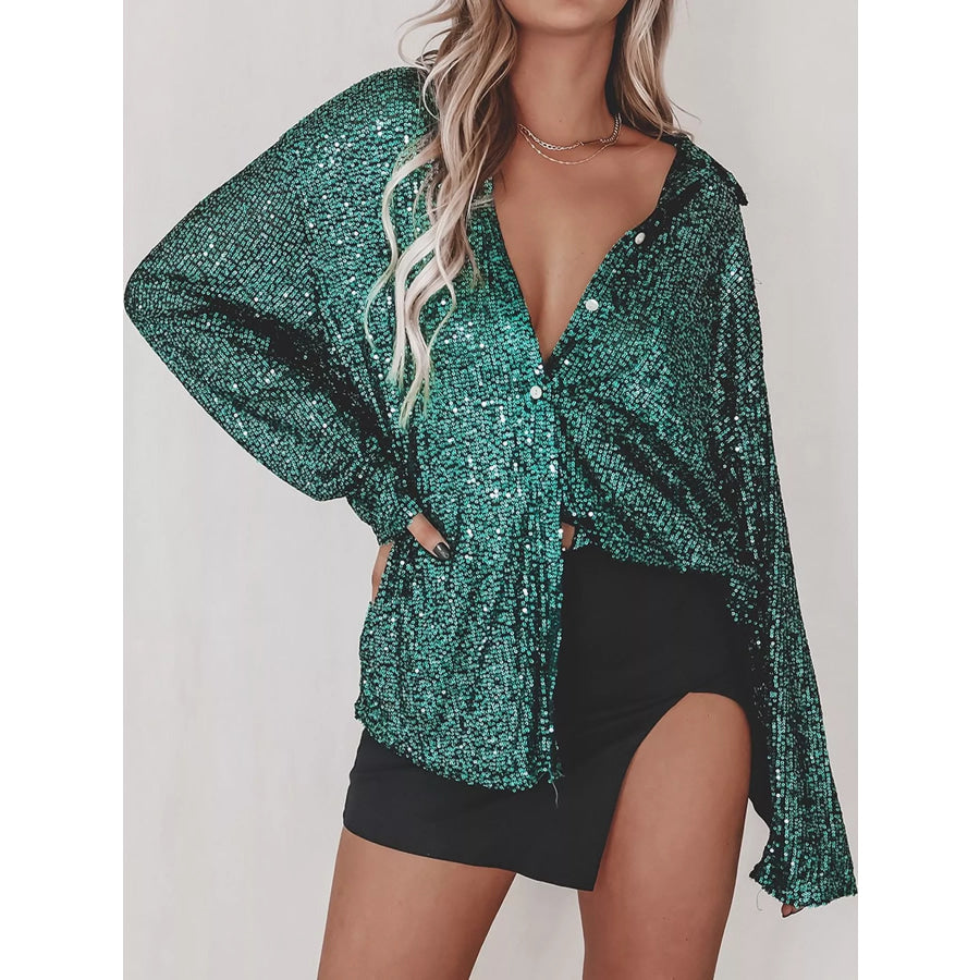 Full Size Sequin Button Up Long Sleeve Shirt Plus Dark Green / S Apparel and Accessories