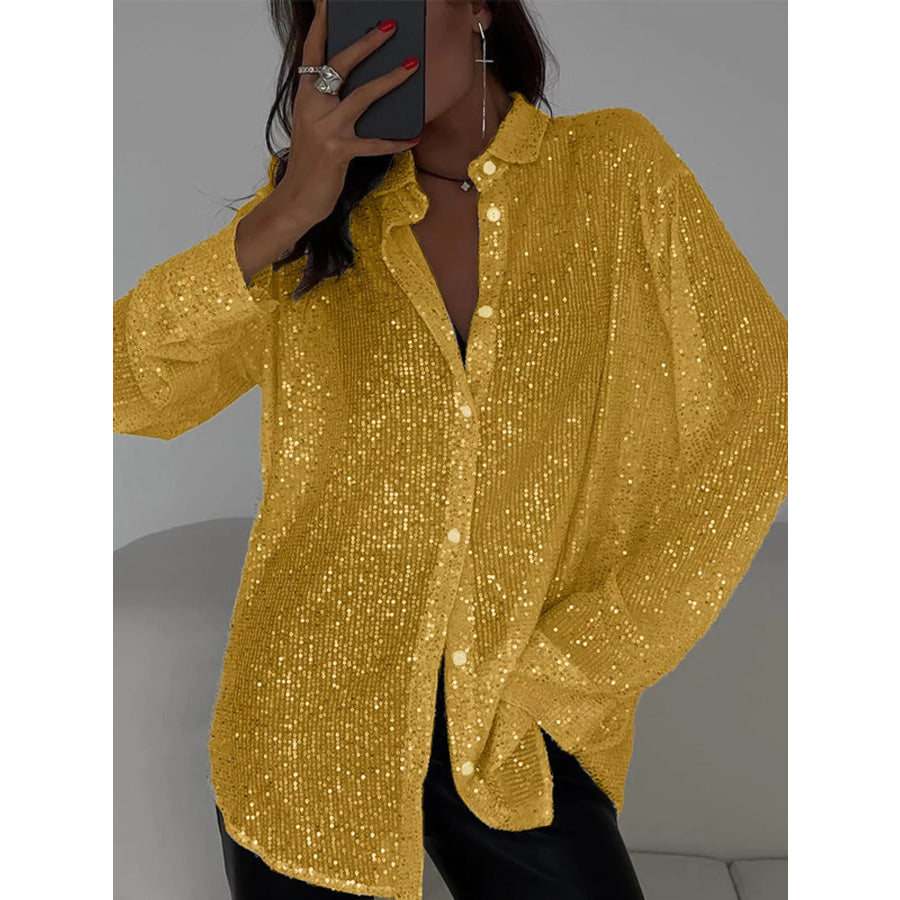 Full Size Sequin Button Up Long Sleeve Shirt Plus Gold / S Apparel and Accessories
