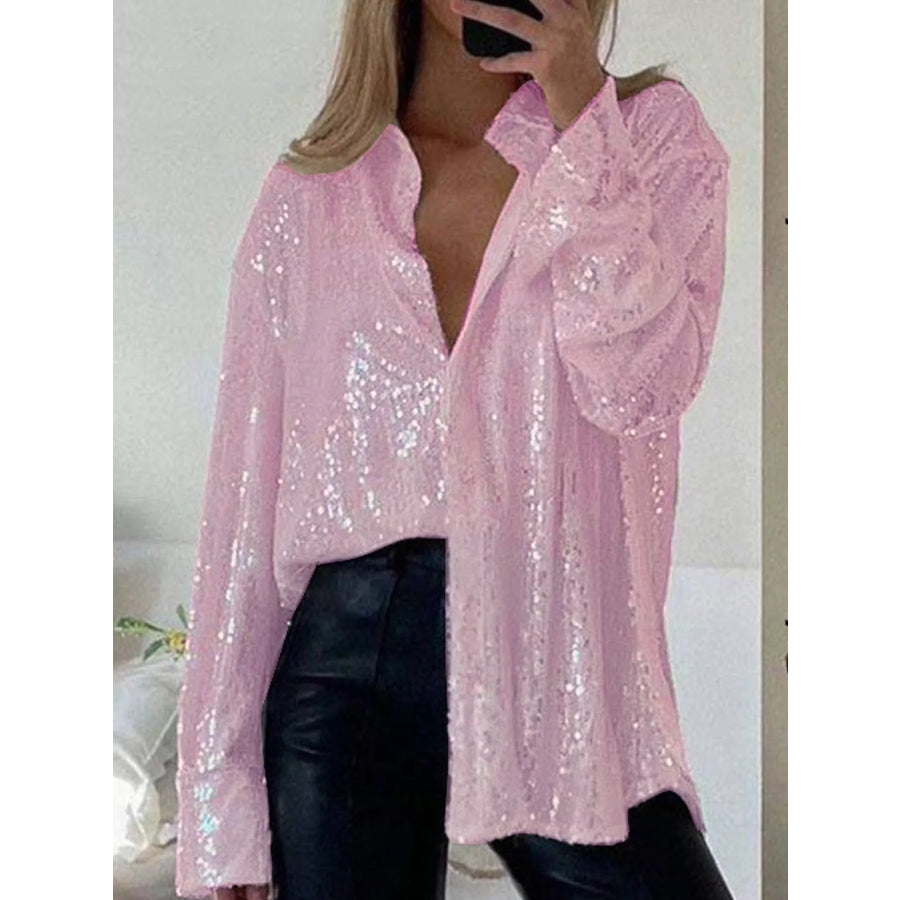 Full Size Sequin Button Up Long Sleeve Shirt Plus Pink / S Apparel and Accessories