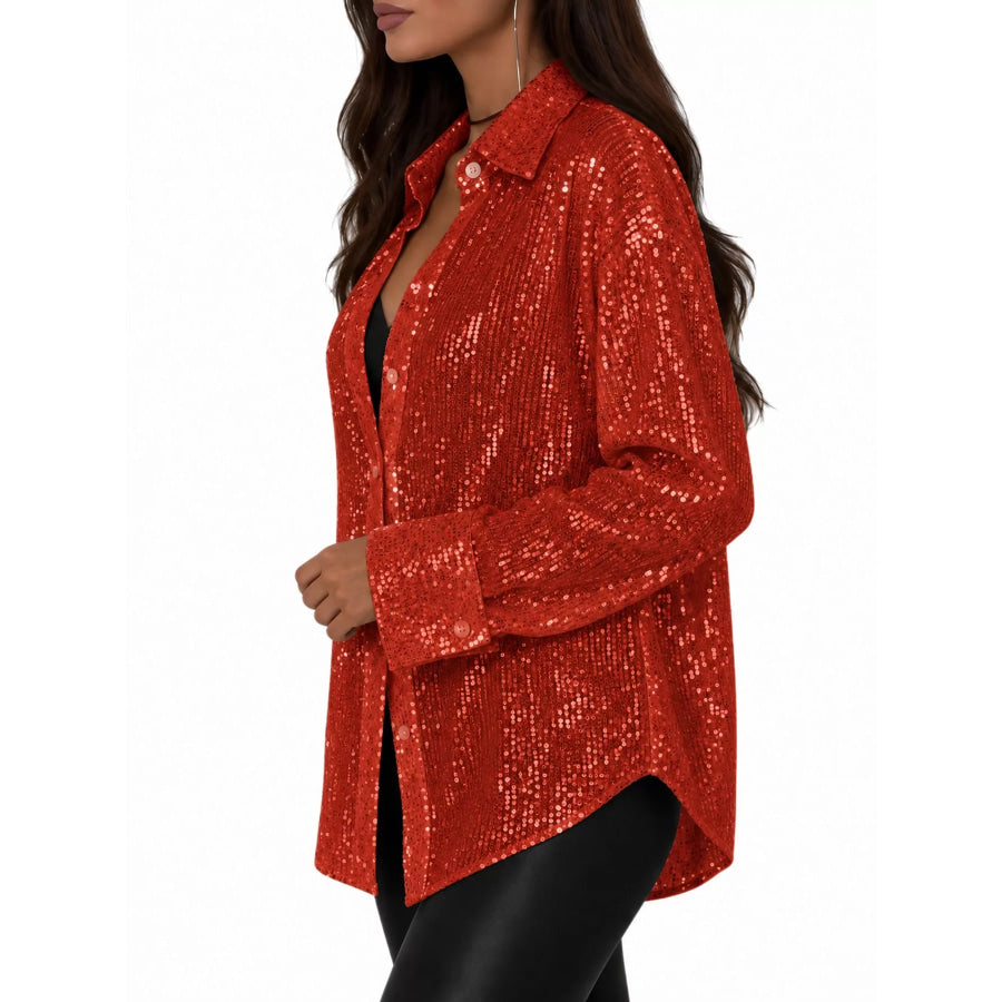 Full Size Sequin Button Up Long Sleeve Shirt Plus Red / S Apparel and Accessories