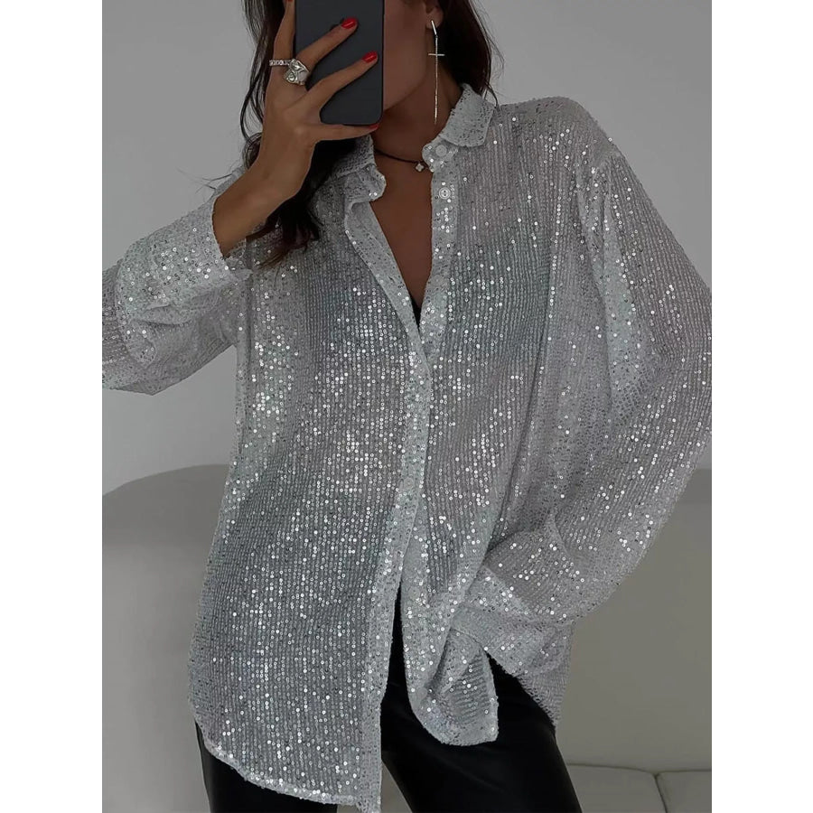 Full Size Sequin Button Up Long Sleeve Shirt Plus Silver White / S Apparel and Accessories