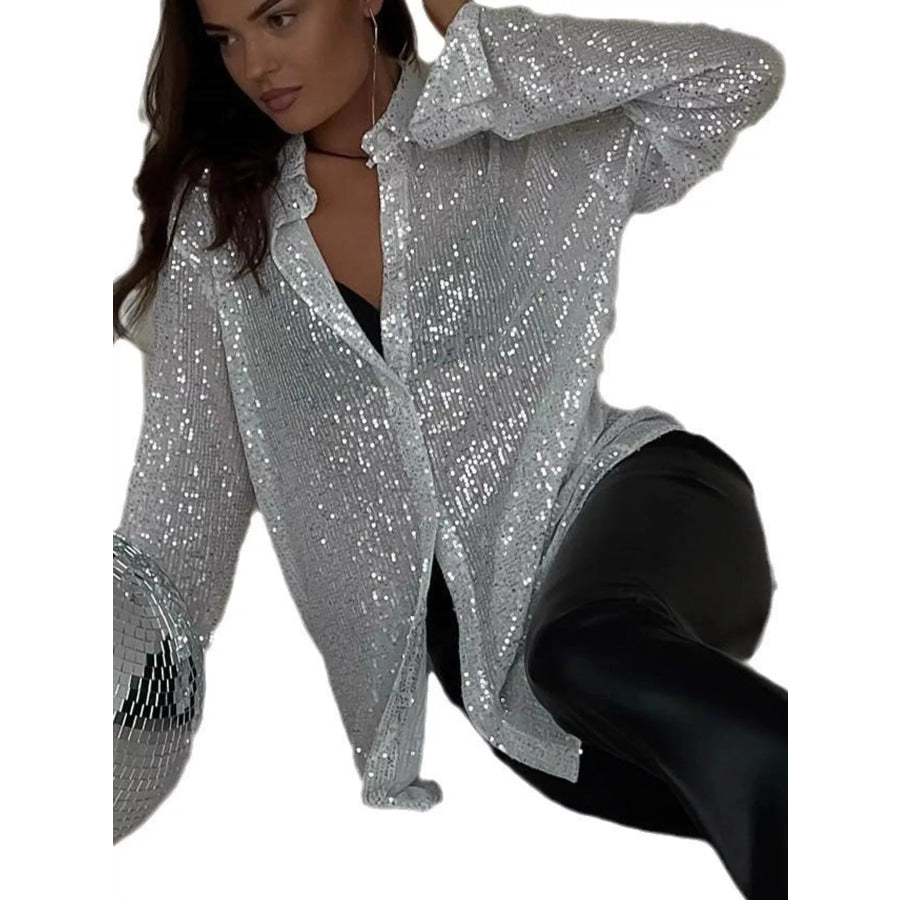 Full Size Sequin Button Up Long Sleeve Shirt Plus White / S Apparel and Accessories