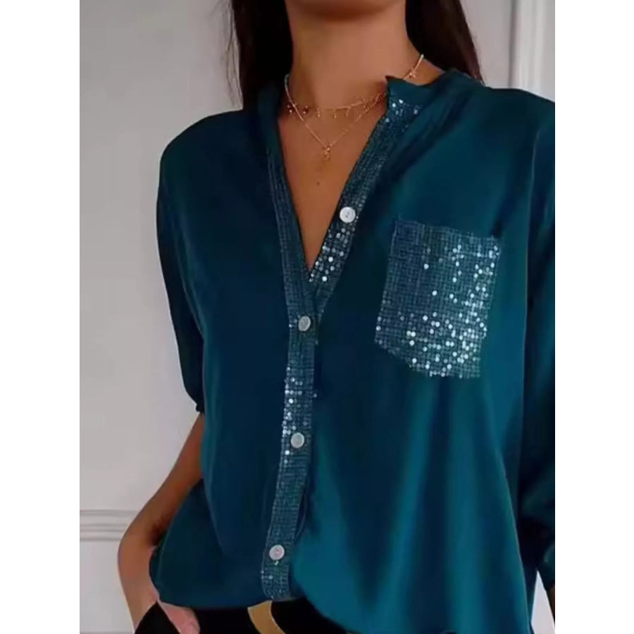 Full Size Sequin Detail Button-Down Shirt Plus Size Apparel and Accessories