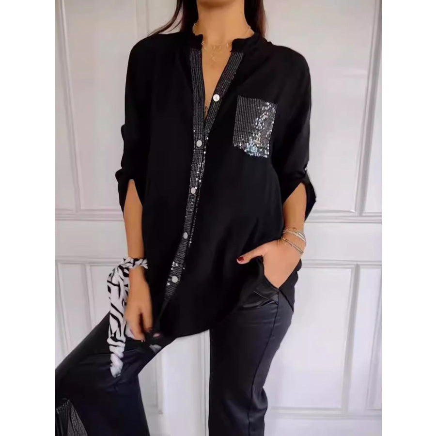 Full Size Sequin Detail Button-Down Shirt Plus Size Black / S Apparel and Accessories