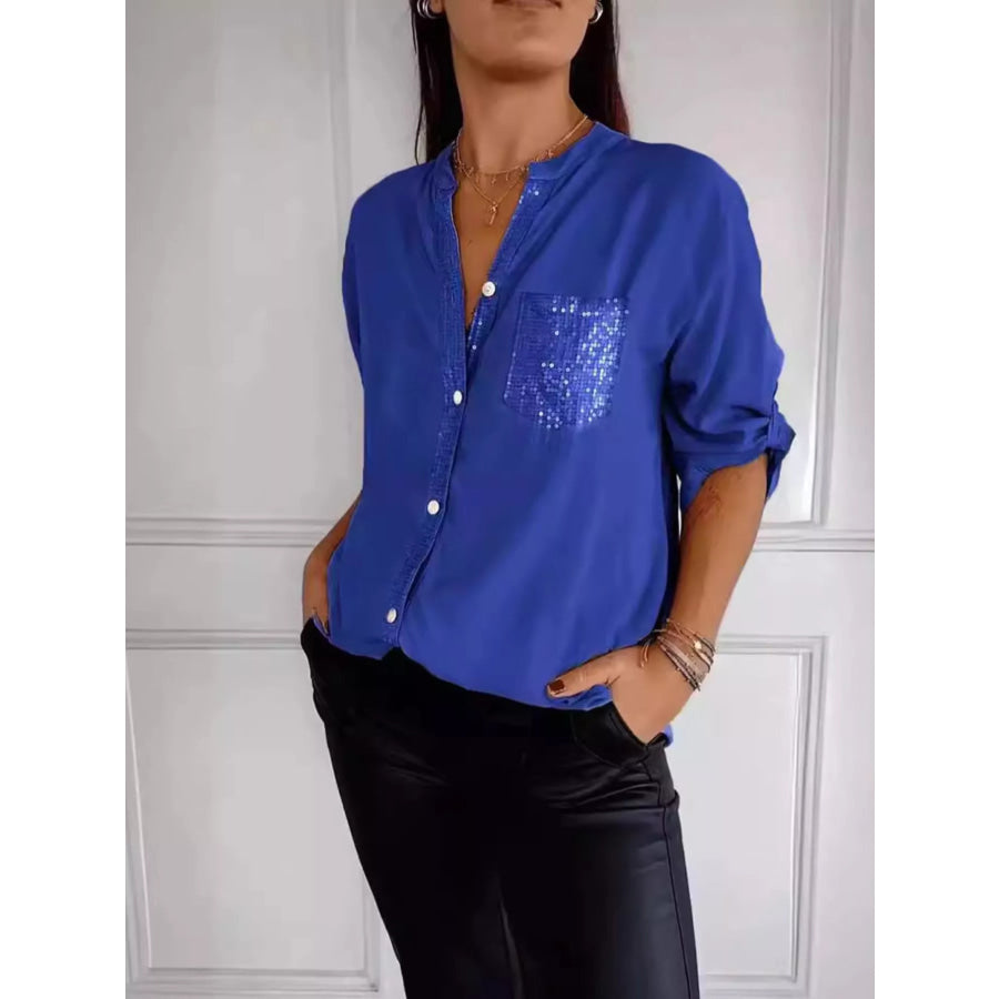 Full Size Sequin Detail Button-Down Shirt Plus Size Dark Blue / S Apparel and Accessories