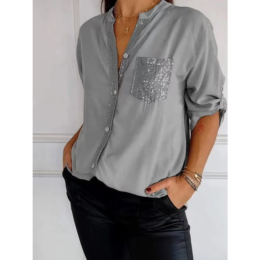 Full Size Sequin Detail Button-Down Shirt Plus Size Gray / S Apparel and Accessories