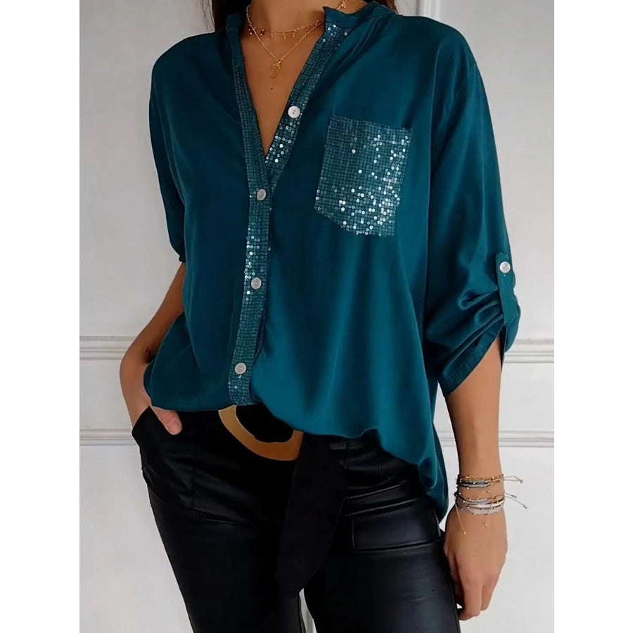 Full Size Sequin Detail Button-Down Shirt Plus Size Green / S Apparel and Accessories