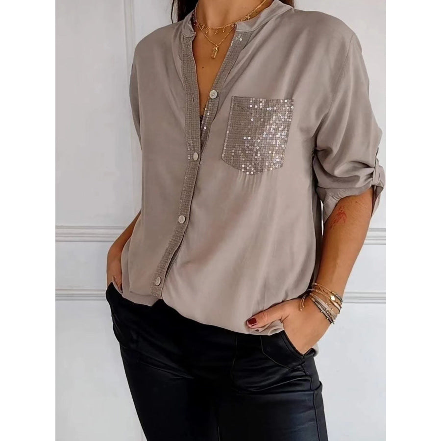 Full Size Sequin Detail Button-Down Shirt Plus Size Khaki / S Apparel and Accessories