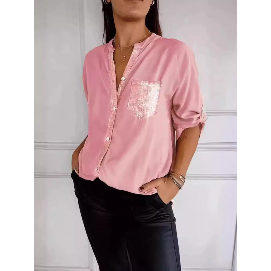 Full Size Sequin Detail Button-Down Shirt Plus Size Pink / S Apparel and Accessories