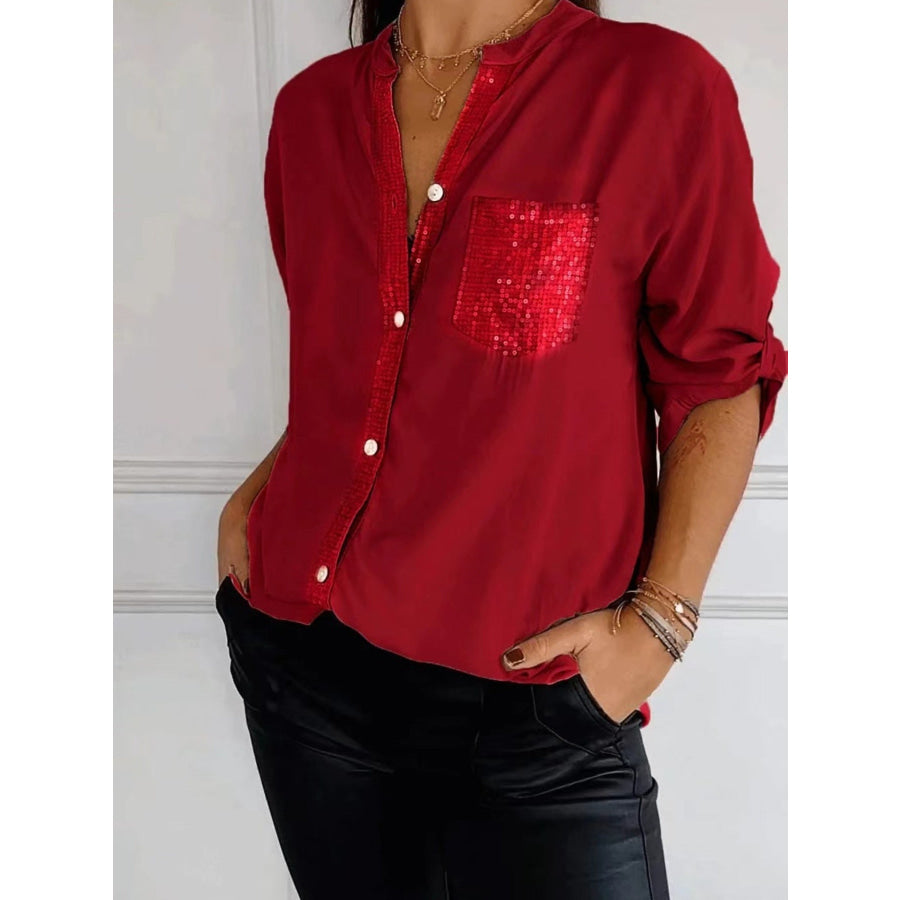 Full Size Sequin Detail Button-Down Shirt Plus Size Red / S Apparel and Accessories