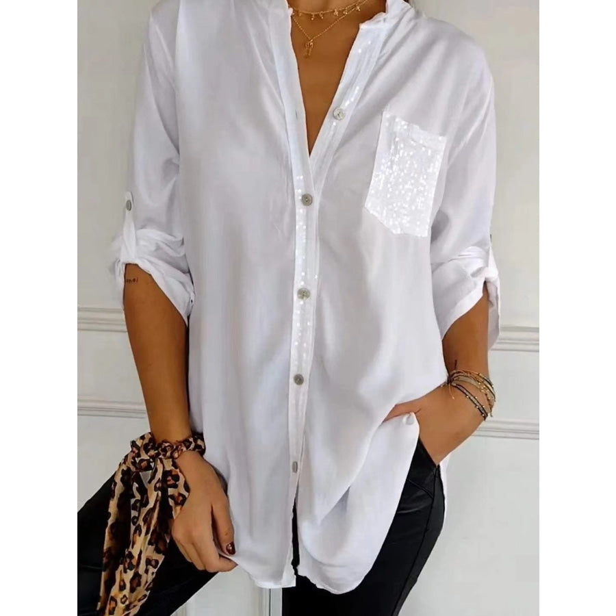 Full Size Sequin Detail Button-Down Shirt Plus Size White / S Apparel and Accessories