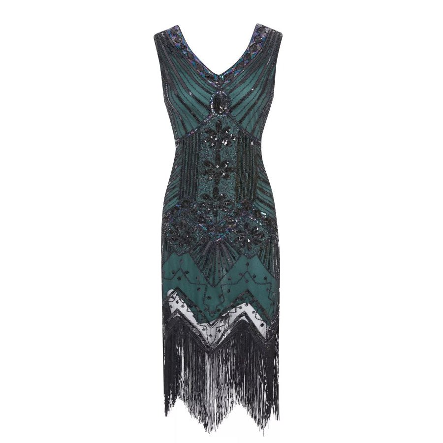 Full Size Sequin Fringe Hem Sleeveless Dress Plus Apparel and Accessories